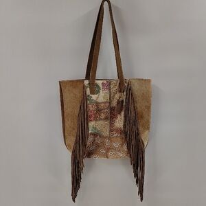 Shyanne Leather Tote Tan Lace Embroidered Beaded Fringe Bag Hair On